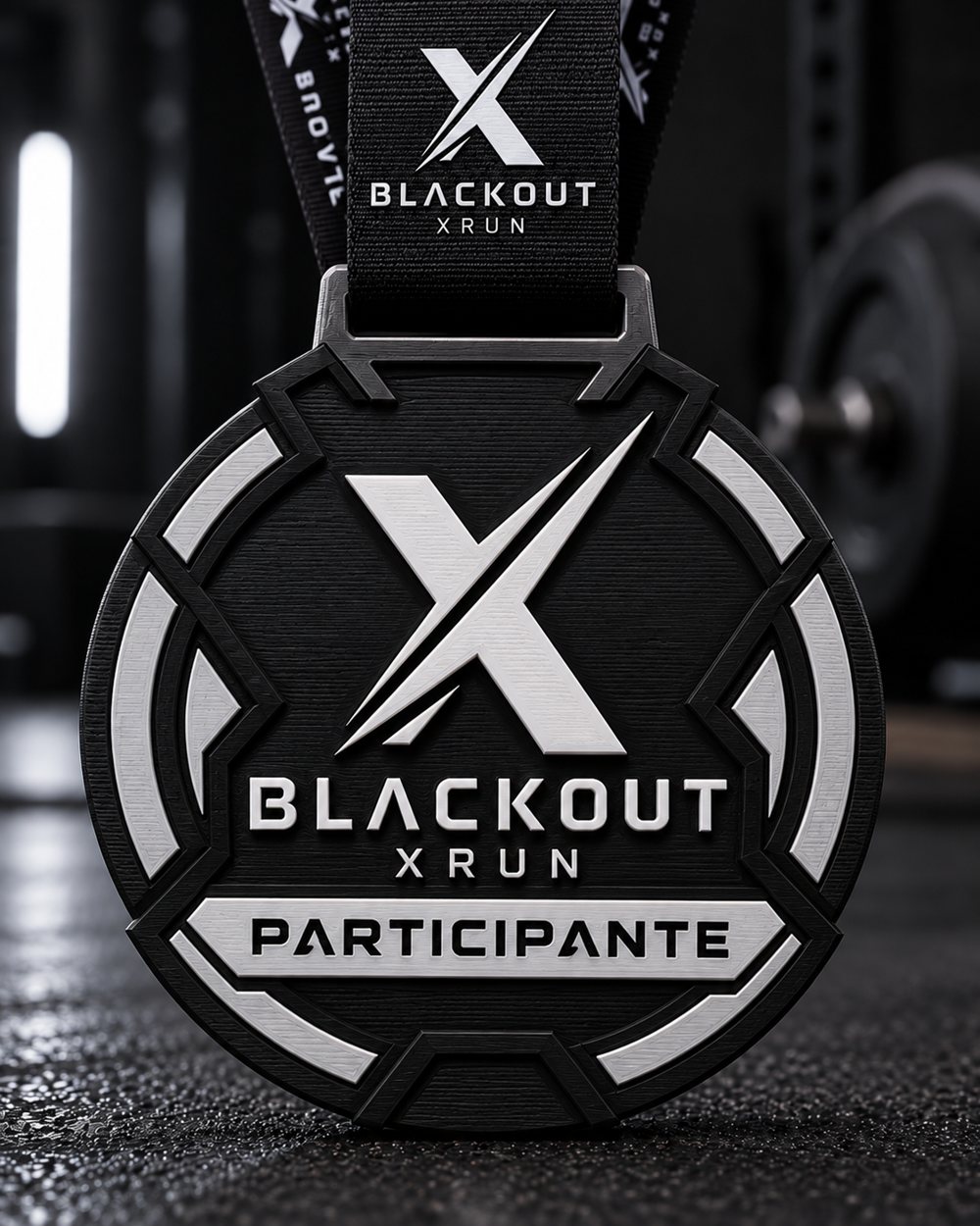 Medalha de participante Blackout X Run, em preto e branco