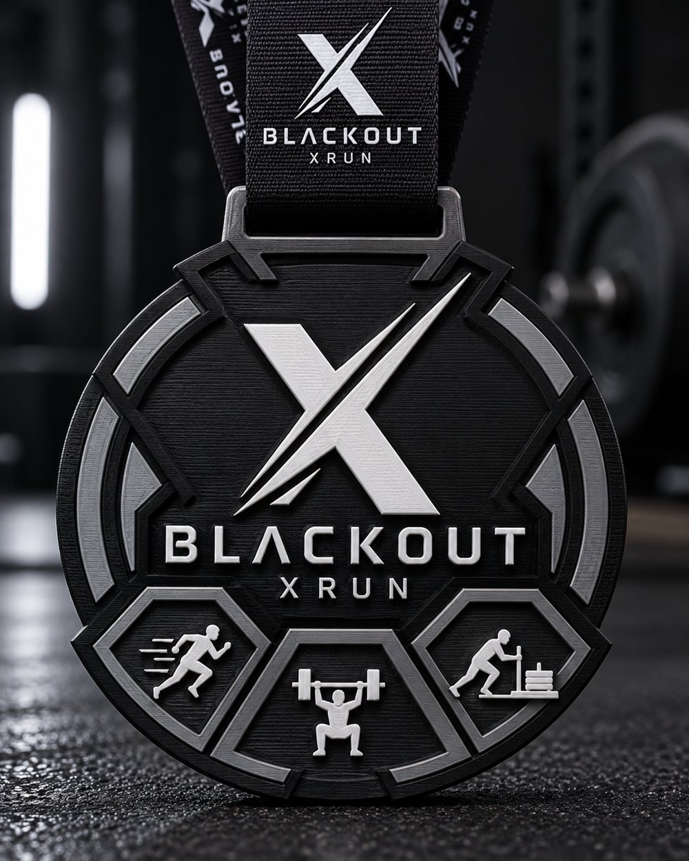 Medalha Blackout X Run com os três ícones: corrida, levantamento e sled push