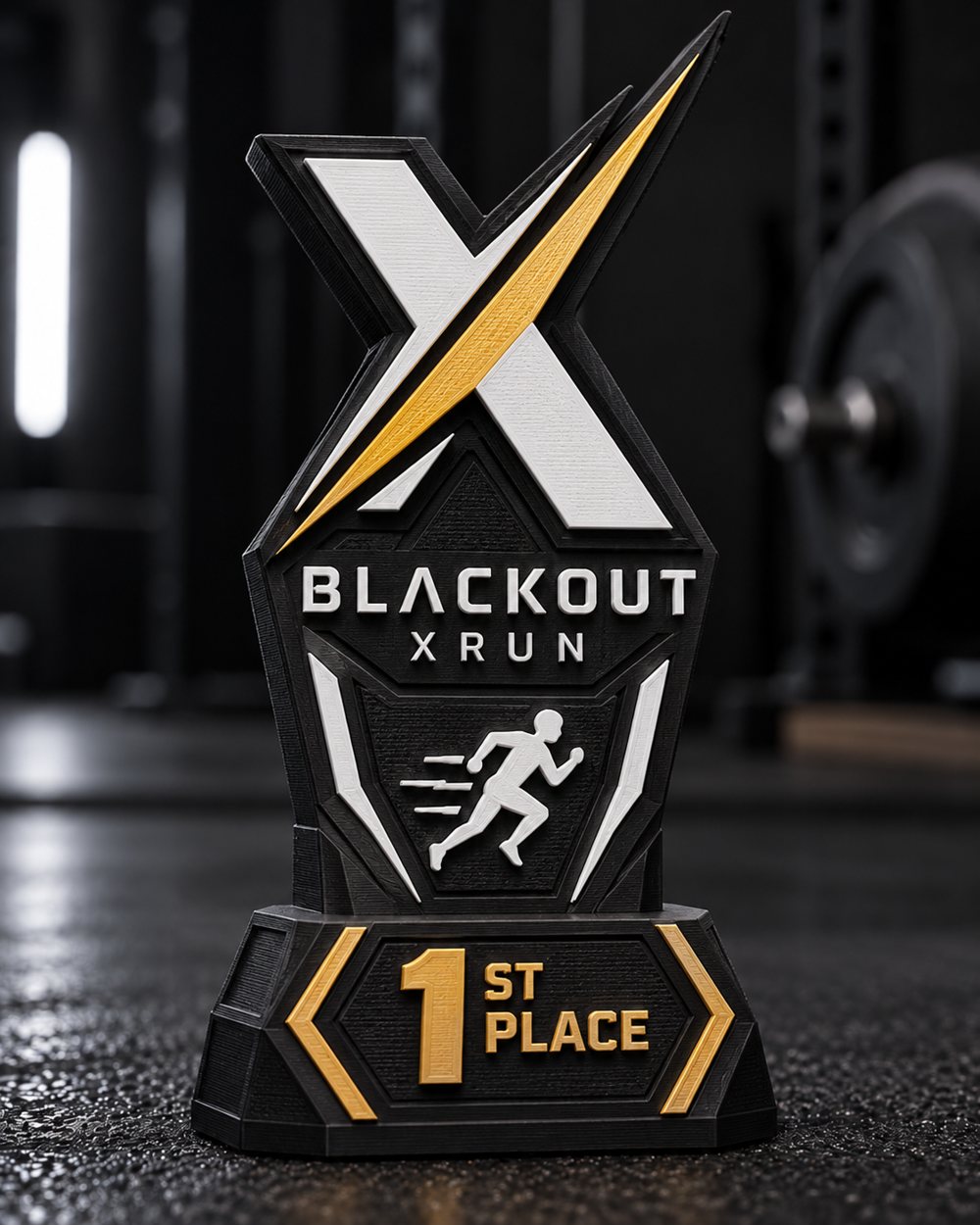 Troféu de 1º lugar, com detalhes dourados e ícone de corrida