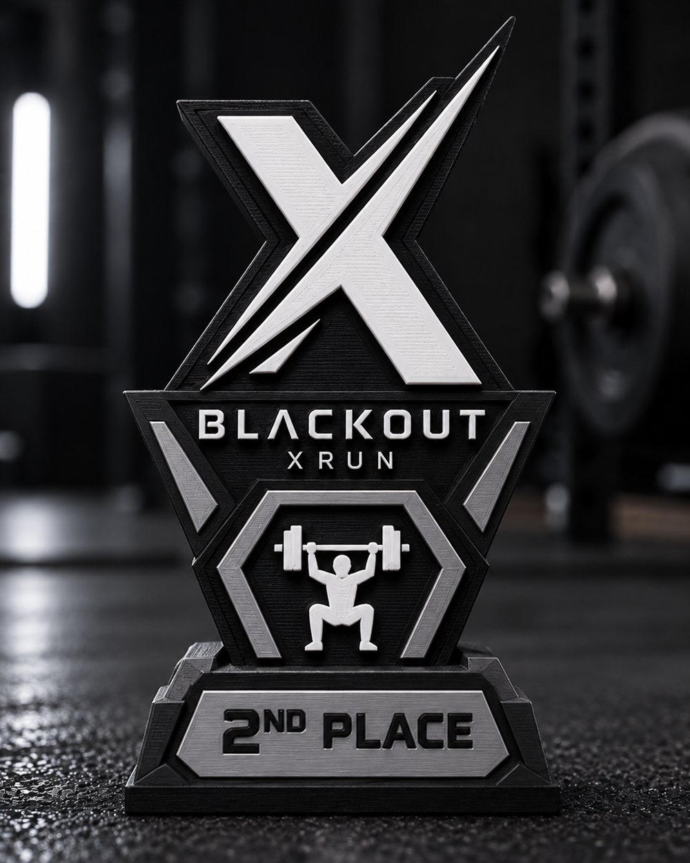 Troféu de 2º lugar, com detalhes em prata e ícone de levantamento