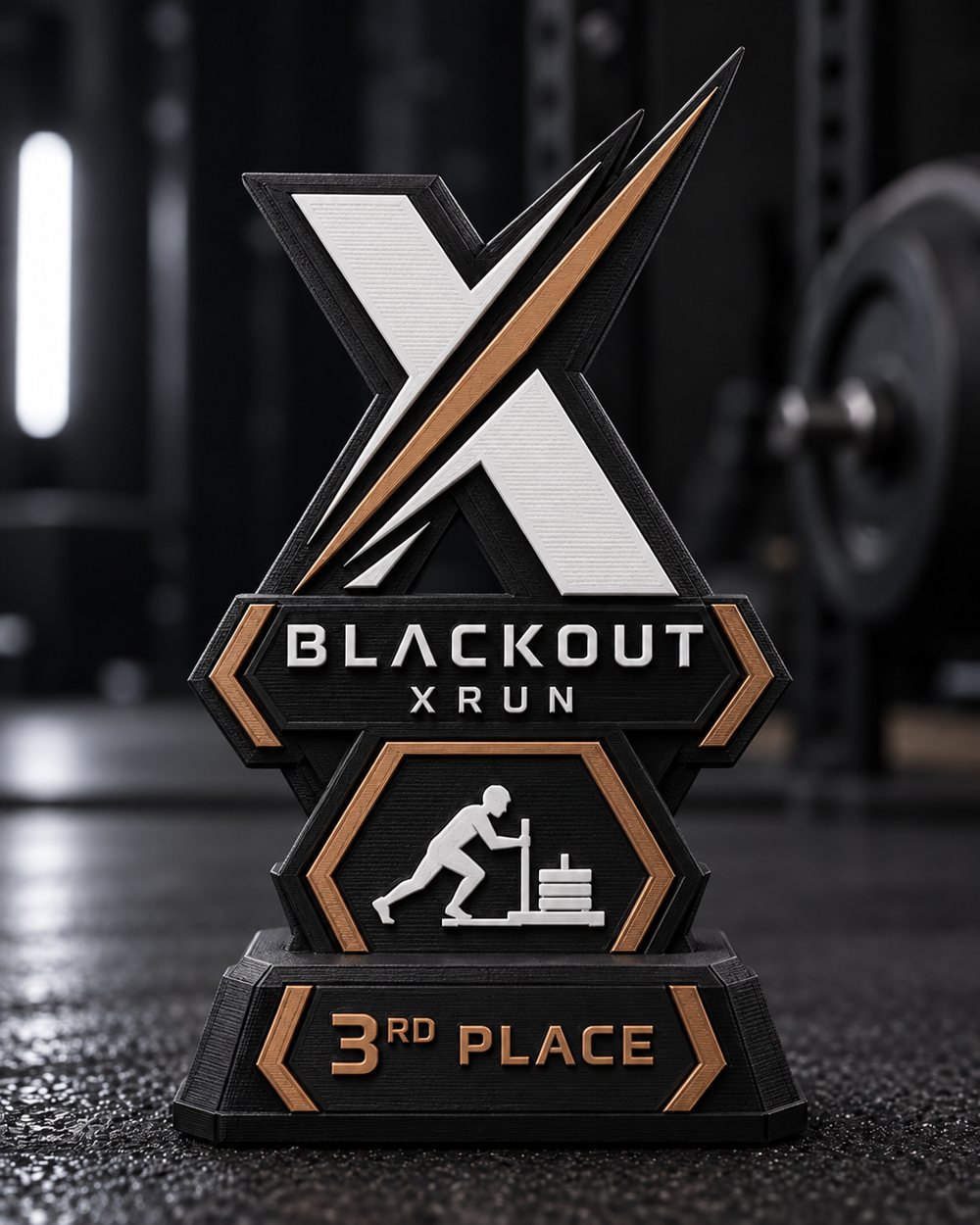 Troféu de 3º lugar, com detalhes em bronze e ícone de sled push